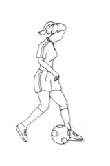Front view of female Soccer player metal wall art and decor