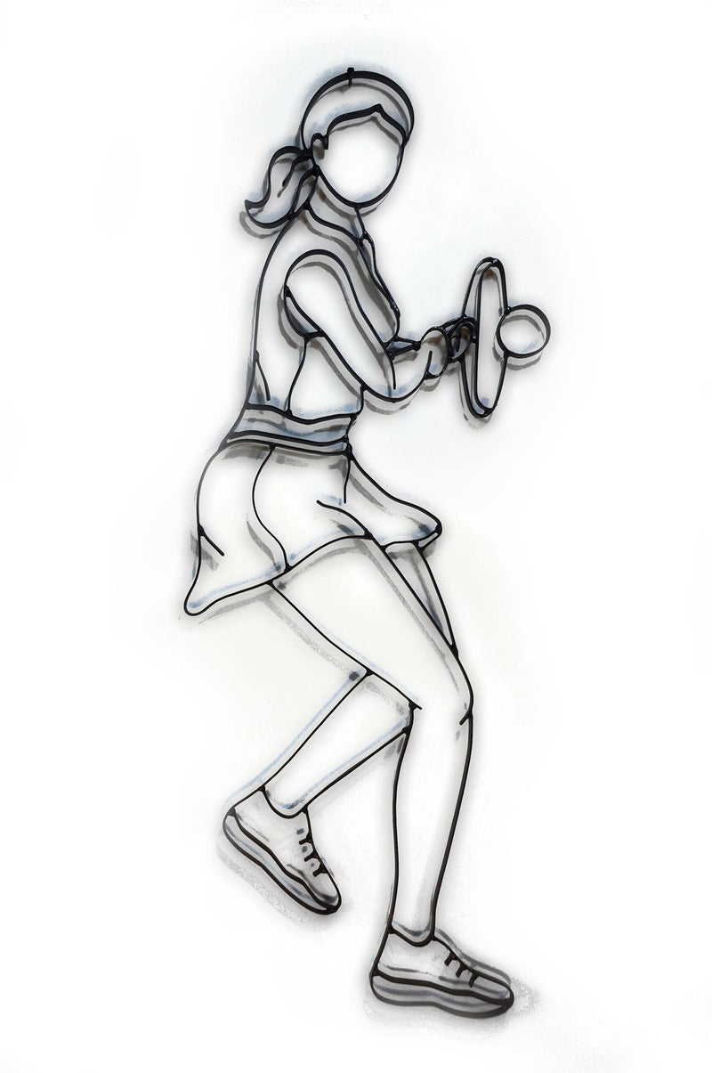 Metal tennis wall decor and sculpture, female player